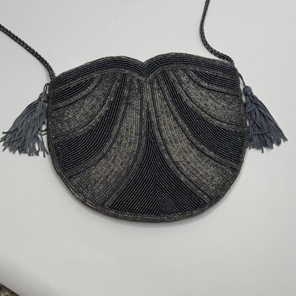 Beaded Purse Grey Elegant Small Shoulder Bag Theater Old Money Opera Cocktail - Picture 6 of 10